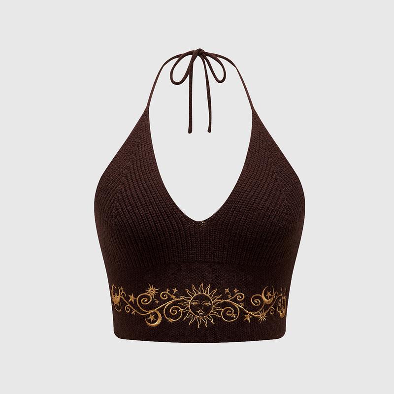 ROMWE Hippie Summer Sexy Embroidered Backless Halter Knitted Top