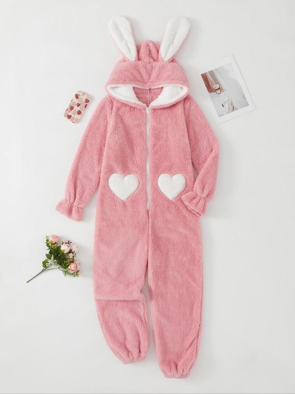 Women's Heart Pattern 3D Rabbit Ear Design Loung Hooded Onesie, Cute Zipper Long Sleeve Sleepwear, Casual Comfy Sleepwear for Fall & Winter Onesies Pajama