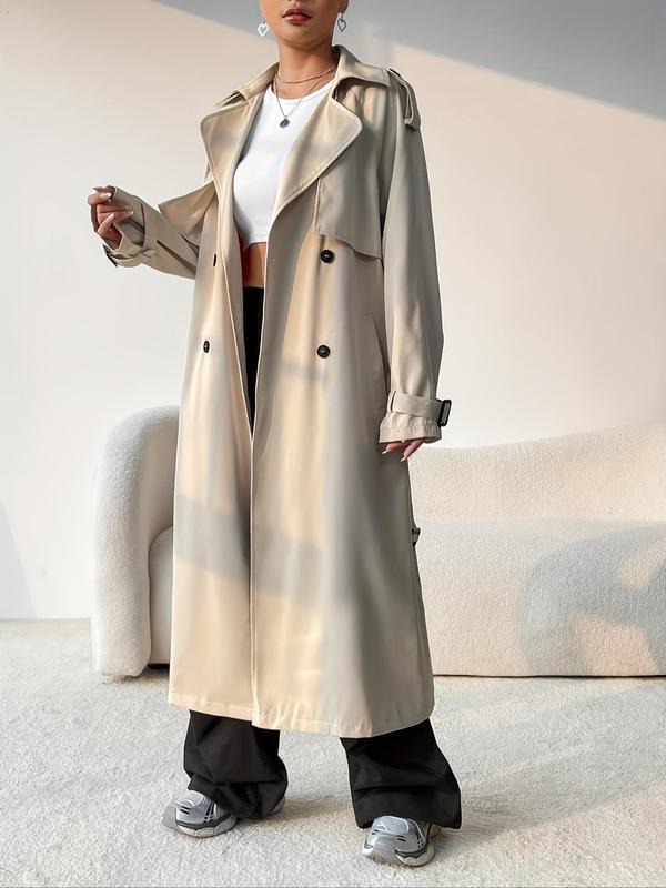 Women's Solid Double Button Belted Raglan Sleeve Trench Coat, Elegant Lapel Neck Long Sleeve Coat for Spring & Fall, Women's Clothing for Daily Wear