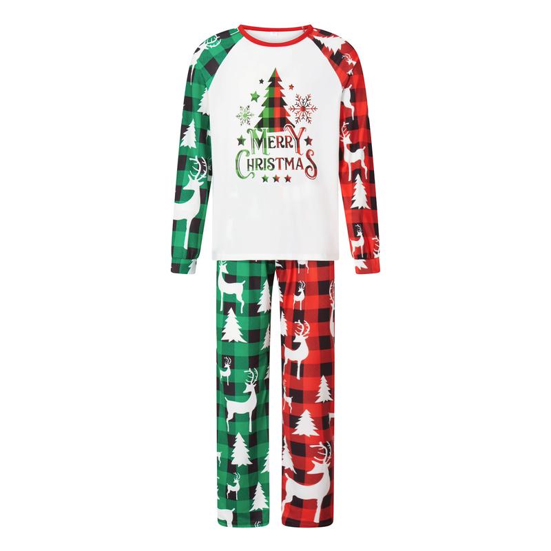 Christmas Family Pajamas Matching Set Parent-child Christmas Tree Letter Print Contrast Color Long Sleeve Tops and Plaid Pants Sleepwear