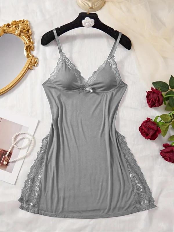  Contrast Lace Split Hem Cami Nightdress, Soft Comfortable Nightgown for Women, Women's Sleepwear for All Seasons