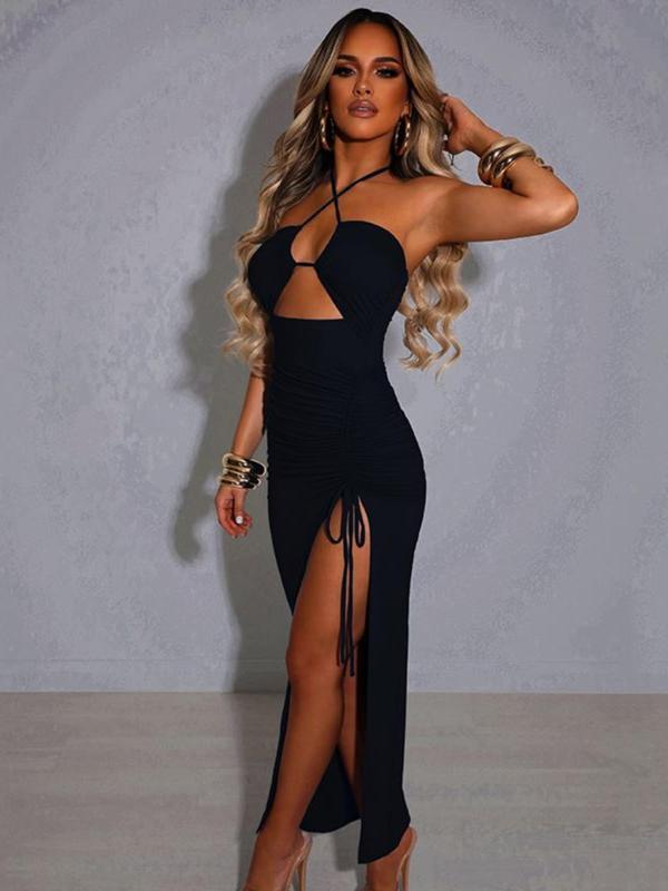 Women's Plain Criss Cross Drawstring Ruched Split Thigh Bodycon Dress, Summer Dresses, Backless Cut Out Halter Long Dress, Dresses for Women, Party Nightclub Clothes, Back To School Clothes, Sun Dresses, Women's Fall Clothing, Birthday Dresses 2024