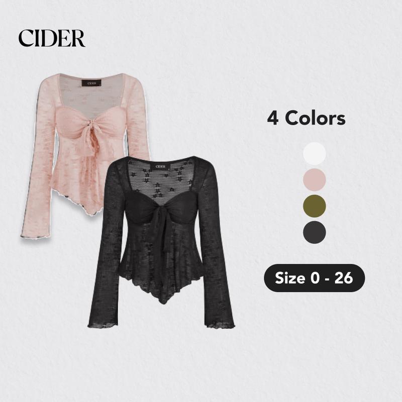 Cider [4 colors, Size 0-26] Lace Square Neck Knotted Long Sleeve Top