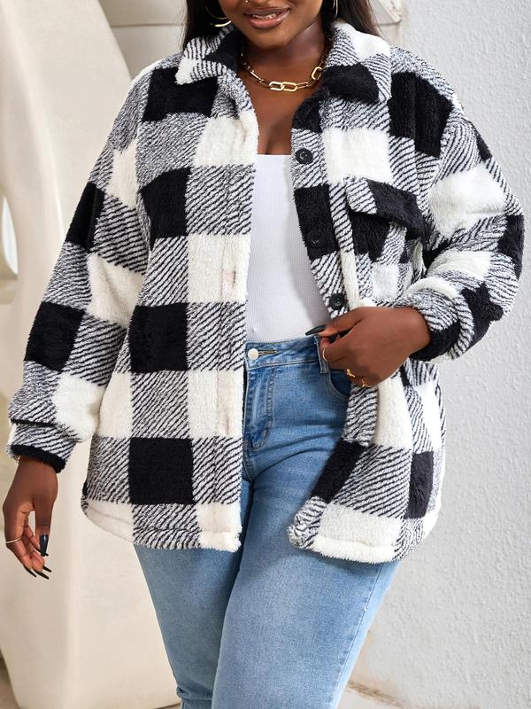 Curvzy Plus Size Plaid Print Button Front Pocket Plush Coat, Casual Long Sleeve Drop Shoulder Collared Jackets Outerwear for Fall & Winter, Women's Clothes for Daily Wear, Black Friday Haul