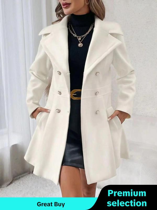 Coat Women's Solid Double Button Pocket Overcoat, Casual Long Sleeve Lapel Neck Outerwear for Fall & Winter, Trendy Fall Outfits 2024, Women's Party Outfit Clothes for Daily Wear