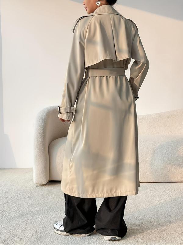 Women's Solid Double Button Belted Raglan Sleeve Trench Coat, Elegant Lapel Neck Long Sleeve Coat for Spring & Fall, Women's Clothing for Daily Wear