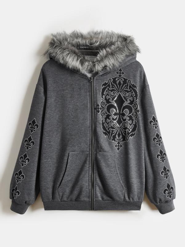 Women's Zip Up Hoodies Graphic Rhinestone Contrast Faux Fur Long Sleeve Sweatshirt Jacket with Pockets