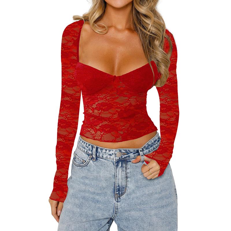 Women Y2k Lace Long Sleeve Top See Through Mesh Crop Top Floral Slim Fit Layering Top Tee Shirt Blouse Streetwear