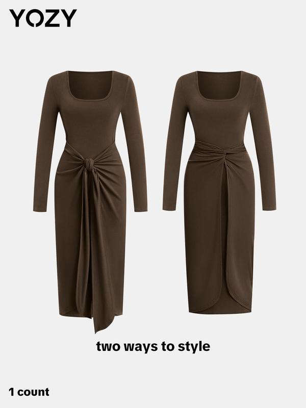 YOZY Christmas Deals, Women's Solid Color Twist Front Ribbed Wrap Dress, Casual Knot Long Sleeve Square Neck Dress for Spring & Fall, Women's Clothing for Daily Wear, Christmas 2024 Trend, Fall & Winter Clothes