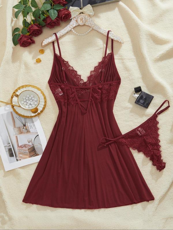  Two-Piece Set Contrast Lace Backless Cami Nightdress & Thong Set, Sexy Adjustable Strap Slip Nightgown & Panty Set, Women's Sleepwear for All Seasons