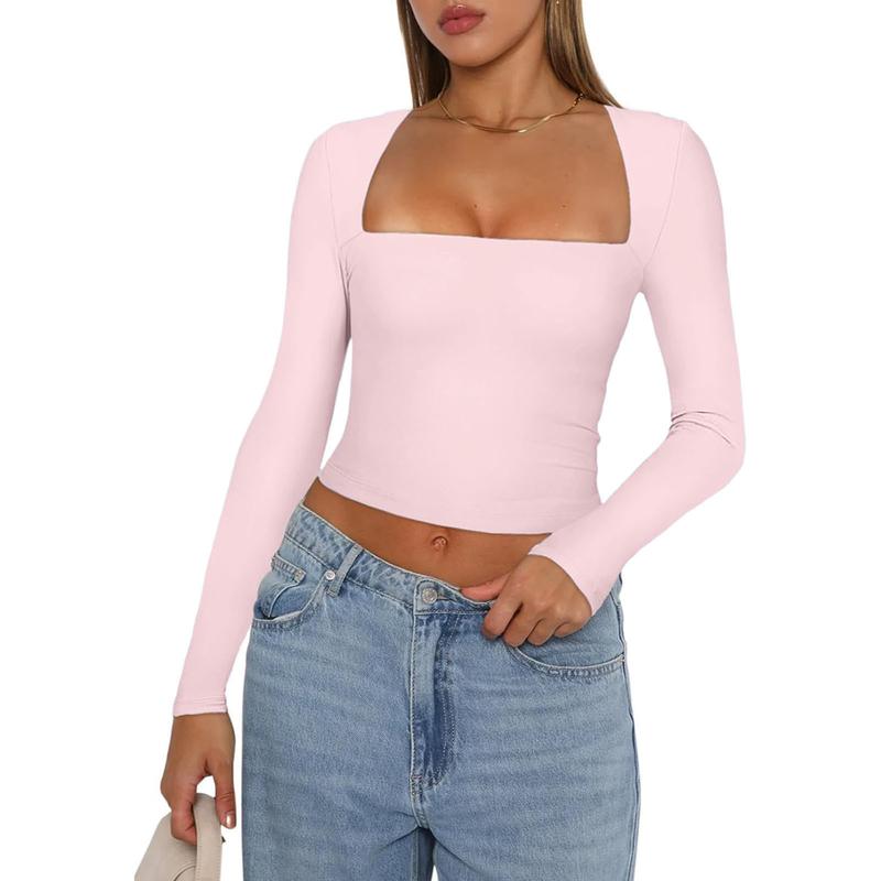 Women's Slim Fit Going Out Crop Tops Casual Solid Color Square Neck Long Sleeve Tight Tee Shirt Basic Streetwear