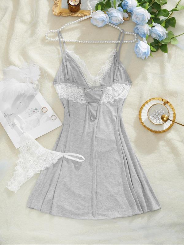  Two-Piece Set Contrast Lace Backless Cami Nightdress & Thong Set, Sexy Adjustable Strap Slip Nightgown & Panty Set, Women's Sleepwear for All Seasons