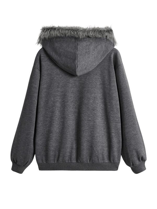 Women's Zip Up Hoodies Graphic Rhinestone Contrast Faux Fur Long Sleeve Sweatshirt Jacket with Pockets