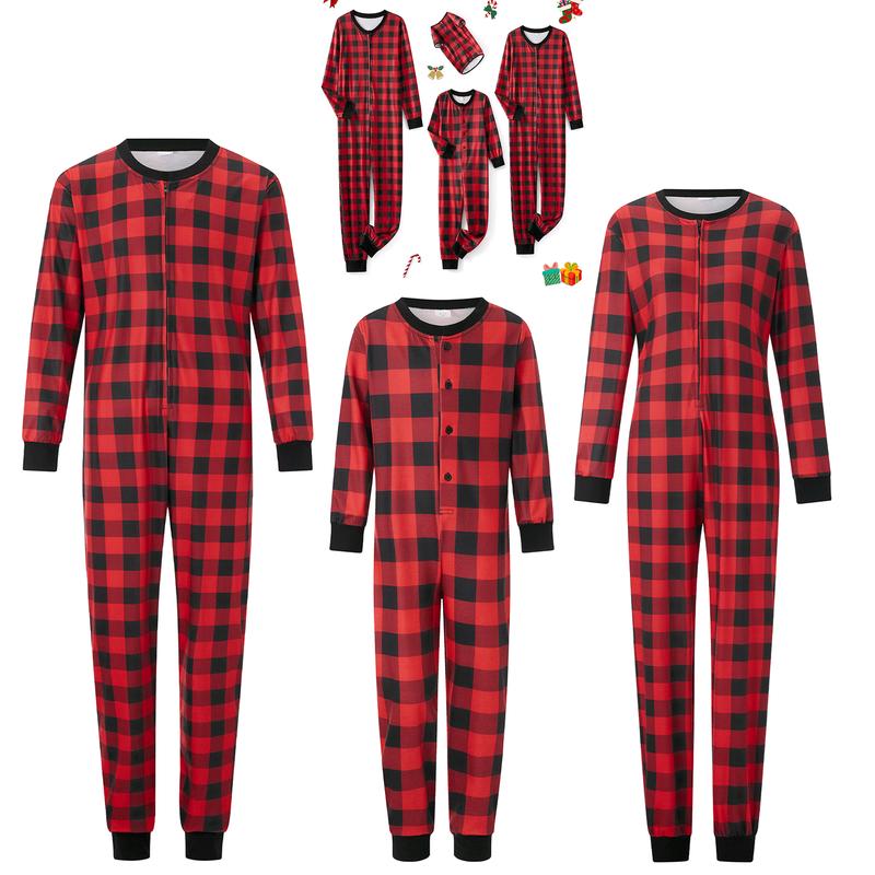 Matching Christmas Pajamas For Family Plaid Print Long Sleeve Button Down Full Length Jumpsuit Holiday Sleepwear