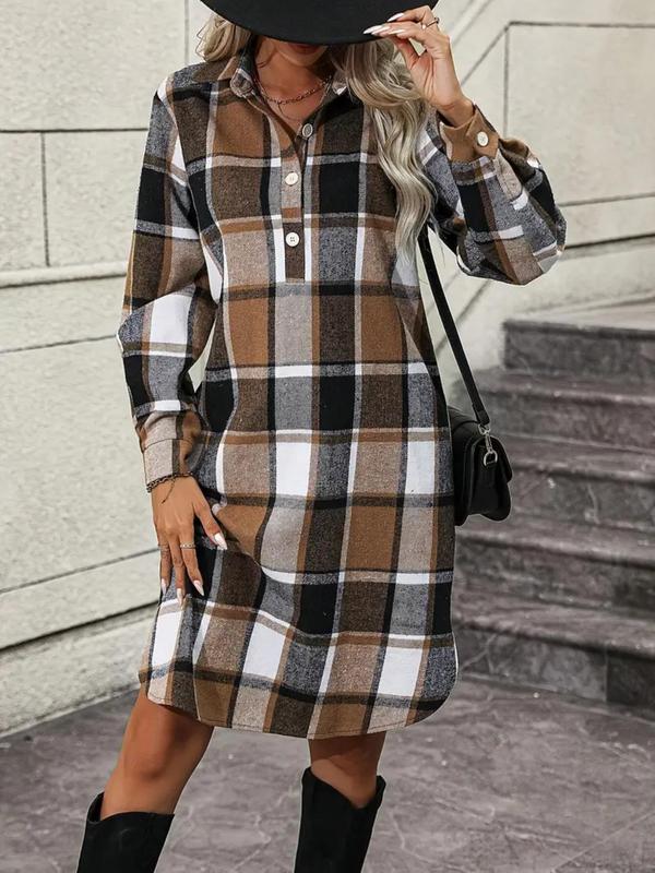  Women's Plaid Print Button Front Split Hem Shirt Dress, Casual Long Sleeve Collared Dress for Fall & Winter, Women's Clothes for Daily Wear, Dresses for Women, Winter Dresses