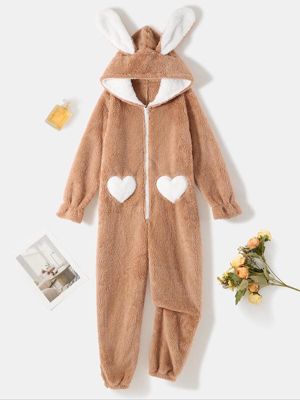 Women's Heart Pattern 3D Rabbit Ear Design Loung Hooded Onesie, Cute Zipper Long Sleeve Sleepwear, Casual Comfy Sleepwear for Fall & Winter Onesies Pajama