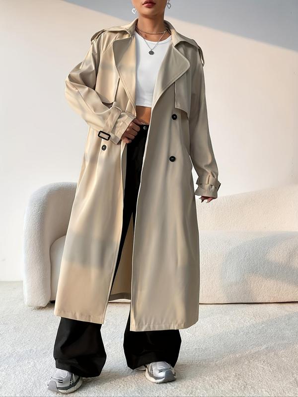 Women's Solid Double Button Belted Raglan Sleeve Trench Coat, Elegant Lapel Neck Long Sleeve Coat for Spring & Fall, Women's Clothing for Daily Wear