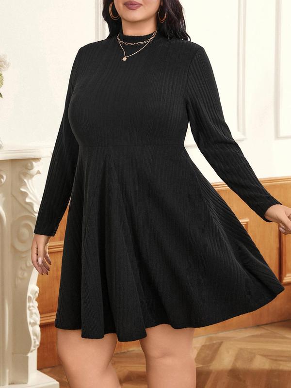 CURVZY Plus Size Solid Mock Neck Ribbed A Line Dress, Elegant Fashion Long Sleeve Dress for Daily Outdoor Wear, Women Clothing for Fall & Winter