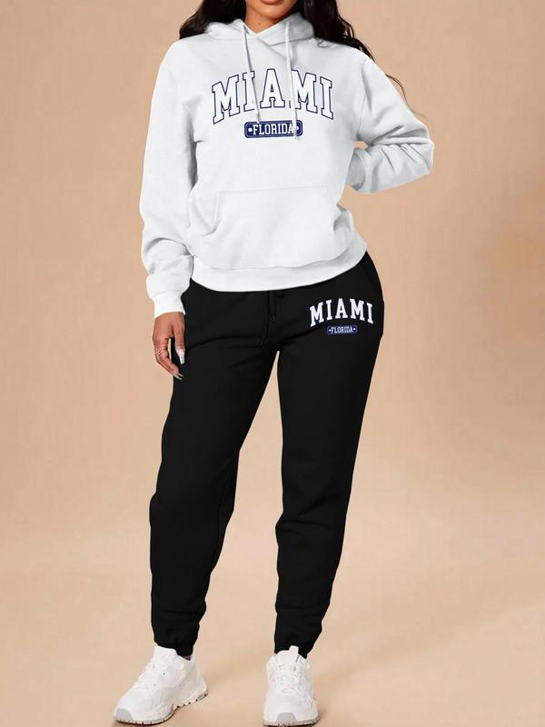 Women's Letter Print Pocket Hoodie & Drawstring Waist Sweatpants Set, Casual Long Sleeve Drawstring Hooded Sweatshirt & Pocket Jogger Pants, Women's Fall & Winter Clothes