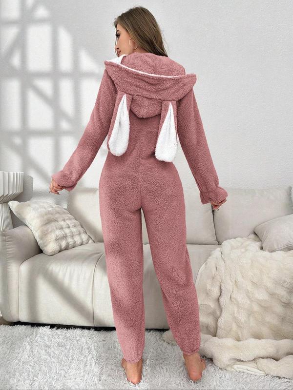 Women's Heart Pattern 3D Rabbit Ear Design Loung Hooded Onesie, Cute Zipper Long Sleeve Sleepwear, Casual Comfy Sleepwear for Fall & Winter Onesies Pajama