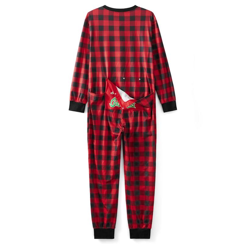 Matching Christmas Pajamas For Family Plaid Print Long Sleeve Button Down Full Length Jumpsuit Holiday Sleepwear