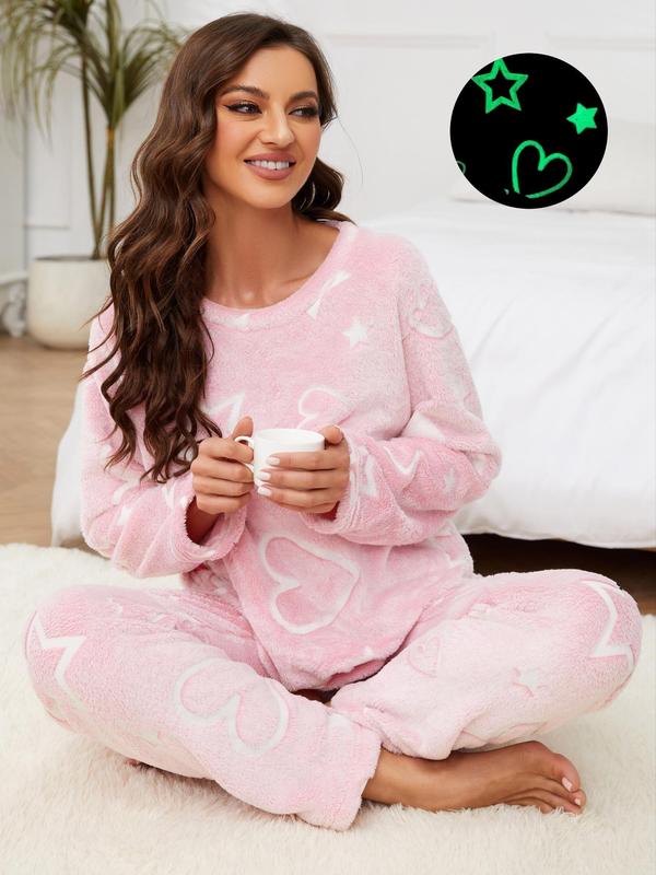 Women's Glow in The Dark Heart & Star Print Pyjama Set, Casual Long Sleeve Round Neck Top & Elastic Waist Pants Lounge Set, Cold Weather Gear, Fall Wear, Fallfreshness, Pajama Sets Women, Women's 2 Piece Sets, Lounge Set for Women