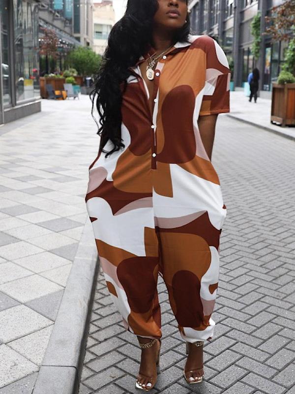 Women's All Over Print Button Front Jumpsuit, Casual Short Sleeve Collar Jumpsuit for Summer, Fashion Ladies' Summer Clothes for Daily Wear, Clothes for Women, Summer Outfits 2024, Jumpsuits for Women