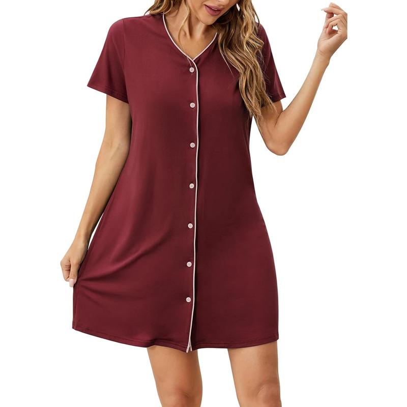 HOCOSIT Womens Short Sleeve Nightshirt Button Nightgown V-Neck Boyfriend Sleepshirt Pajama Dress S-XXL A6017