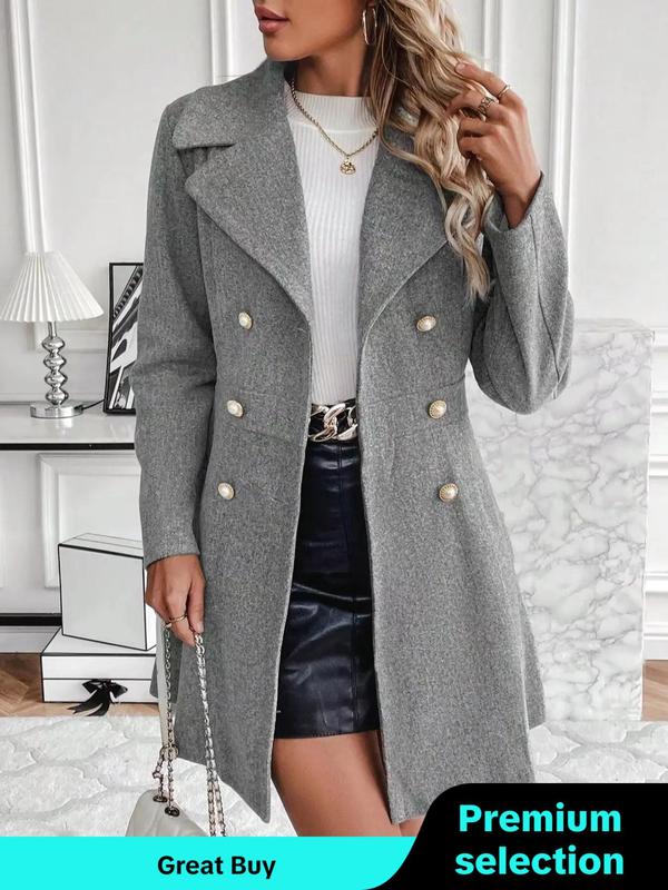 Coat Women's Solid Double Button Pocket Overcoat, Casual Long Sleeve Lapel Neck Outerwear for Fall & Winter, Trendy Fall Outfits 2024, Women's Party Outfit Clothes for Daily Wear