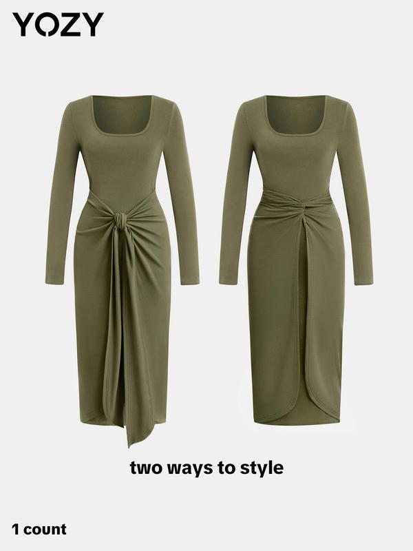 YOZY Christmas Deals, Women's Solid Color Twist Front Ribbed Wrap Dress, Casual Knot Long Sleeve Square Neck Dress for Spring & Fall, Women's Clothing for Daily Wear, Christmas 2024 Trend, Fall & Winter Clothes