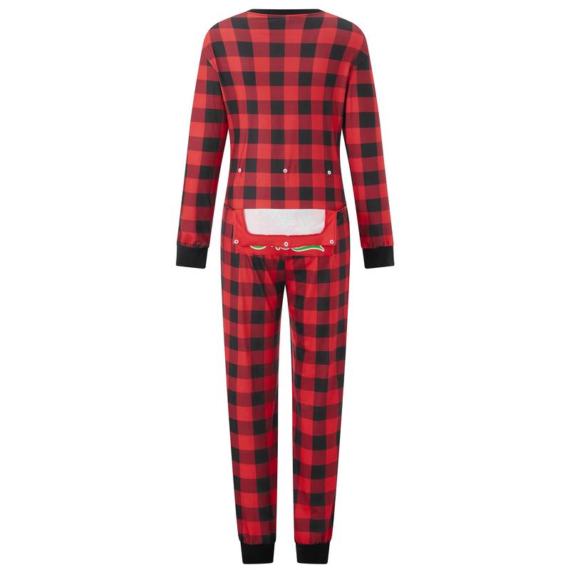 Matching Christmas Pajamas For Family Plaid Print Long Sleeve Button Down Full Length Jumpsuit Holiday Sleepwear