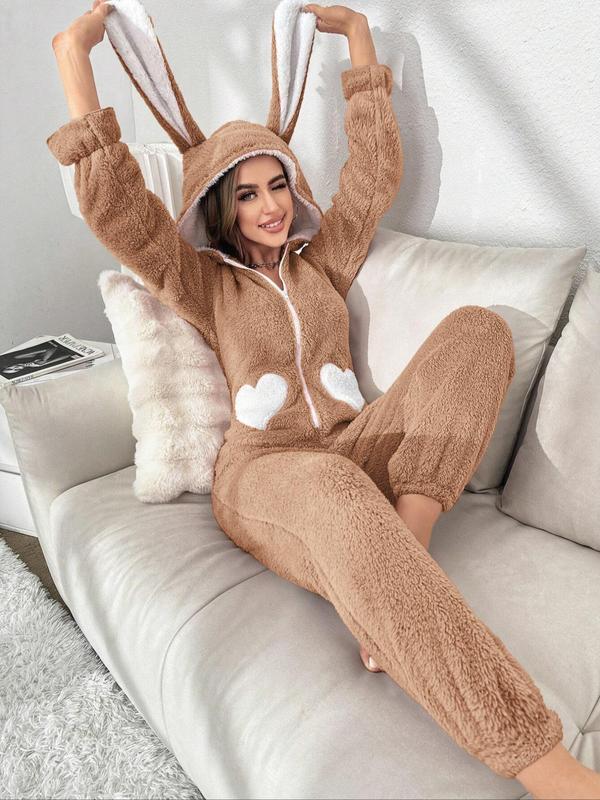 Women's Heart Pattern 3D Rabbit Ear Design Loung Hooded Onesie, Cute Zipper Long Sleeve Sleepwear, Casual Comfy Sleepwear for Fall & Winter Onesies Pajama