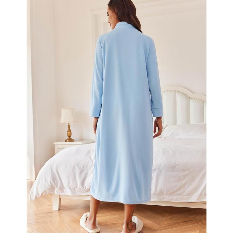 Zipper Robe Sleeves Coat Bathrobe Sleepwear Pockets Housecoat Loungewear SXXL