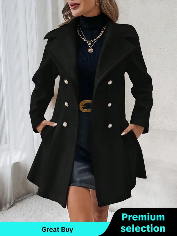 Coat Women's Solid Double Button Pocket Overcoat, Casual Long Sleeve Lapel Neck Outerwear for Fall & Winter, Trendy Fall Outfits 2024, Women's Party Outfit Clothes for Daily Wear