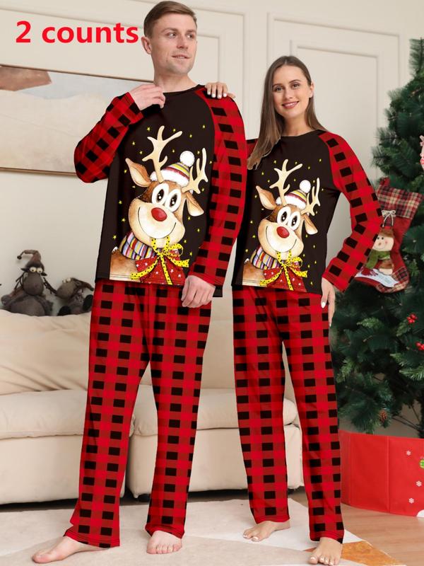 Couple's Christmas Reindeer Print Pajama Two-piece Set, Casual Comfy Long Sleeve Top & Pants PJ Set, Womenswear Men's Sleepwear Loungewear for Spring & Fall