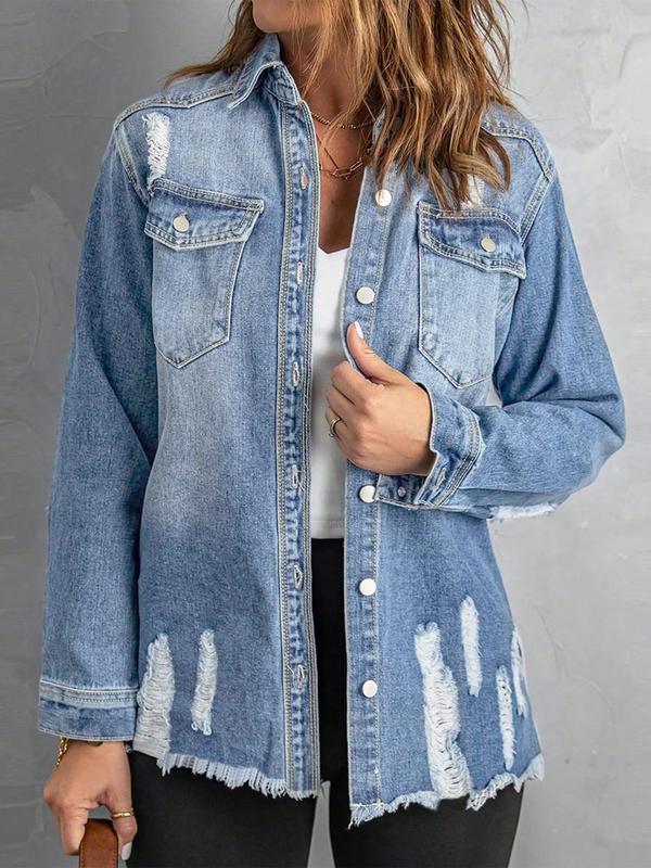 Women's Plain Ripped Raw Hem Button Front Denim Jacket, Casual Long Sleeve Collared Pocket Outerwear for Daily Wear, Winter Clothes Women, Ladies Clothes for All Seasons