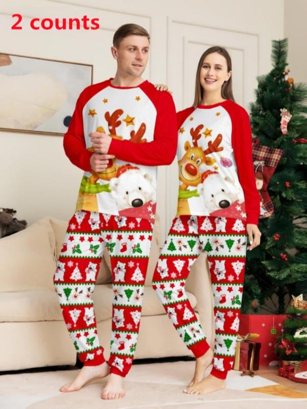 Couple's Christmas Reindeer Print Pajama Two-piece Set, Casual Comfy Long Sleeve Top & Pants PJ Set, Womenswear Men's Sleepwear Loungewear for Spring & Fall