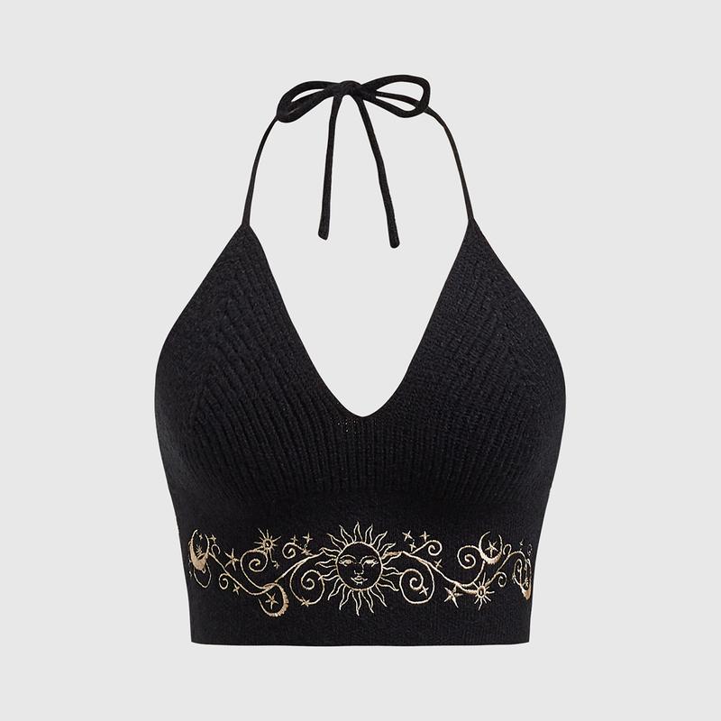 ROMWE Hippie Summer Sexy Embroidered Backless Halter Knitted Top