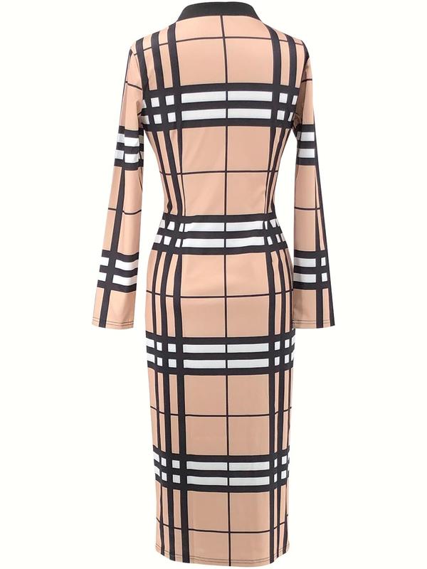 Women's Plaid Print Notched Neck Bodycon Dress without Belt, Elegant Long Sleeve Midi Dress for Party Holiday Wedding Guest, Women Birthday Party Dress 2024, Ladies Clothes for All Seasons