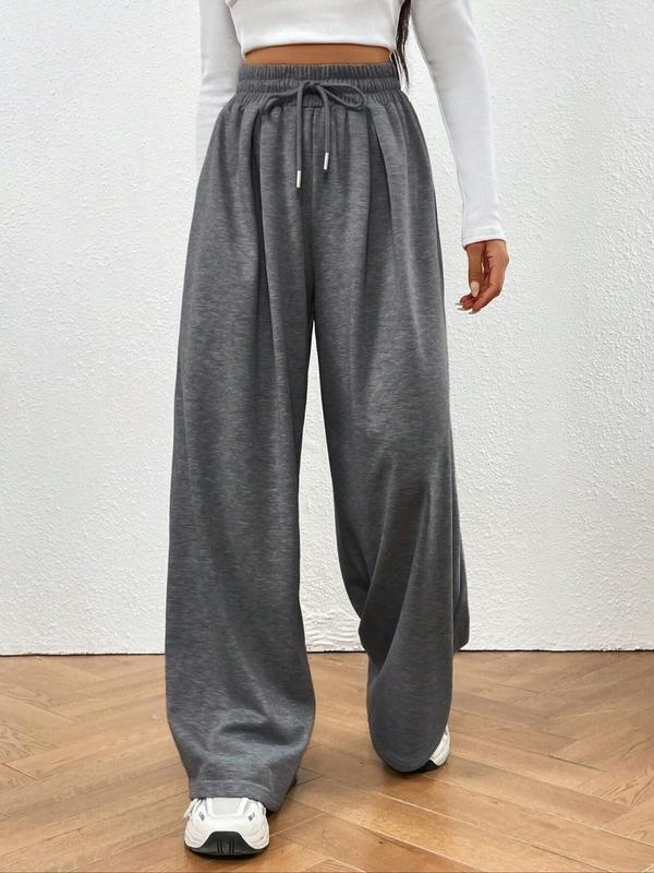 Women's Plain Drawstring High Waist Sweatpants, Casual Wide Leg Pants for Fall, Minimalist Maxi Trouser, Ladies Bottoms for Daily Wear, Downtown Girl Clothes