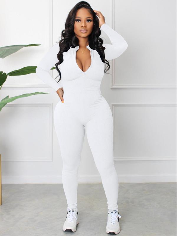 Women's Solid Textured Zip Up Jumpsuit, Jumpsuit for Women, Casual Long Sleeve Round Neck Skinny Jumpsuit for Spring & Fall, Women's Clothes for Daily Wear