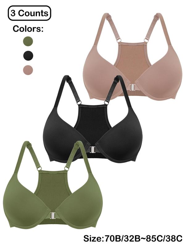 Women's Solid Color Adjustable Strap Push Up Bra, Comfortable Breathable Buckle Front Bra, Lingerie for All Seasons