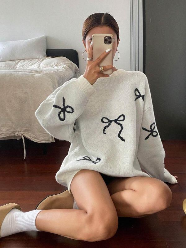 Women's Bow Print Crew Neck Sweater, Casual Long Sleeve Jumper for Fall & Winter, Fashion Ladies' Knitwear for Daily Wear