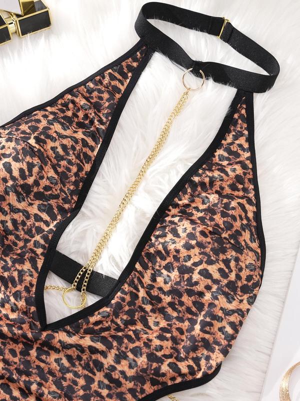 Women's Leopard Print Contrast Binding Ring Linked Teddy Bodysuit, Sexy Chain Decor Backless One-piece Lingerie for All Seasons, Fashion Women's Underwear for Daily Wear