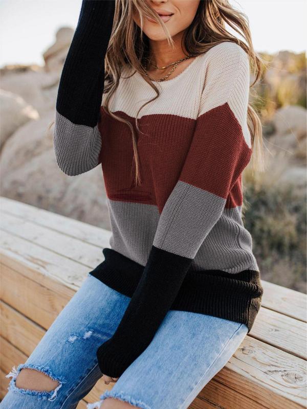 Women's Colorblock Patchwork Round Neck Sweater, Fall Outfits, Casual Drop Shoulder Long Sleeve Jumper, Ladies Fall & Winter Knitwear for Daily Wear, Womenswear