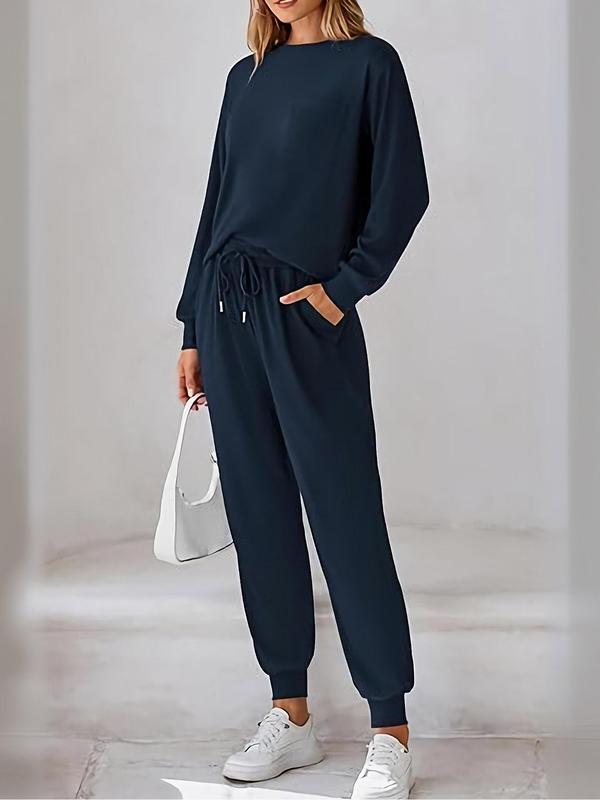 Women's Plain Long Sleeve Tee & Drawstring Waist Pants Set, Casual Round Neck Top & Trousers 2-piece Set for Fall & Winter,  Pants Suit Sets for Women, Women's Clothes for Daily Wear