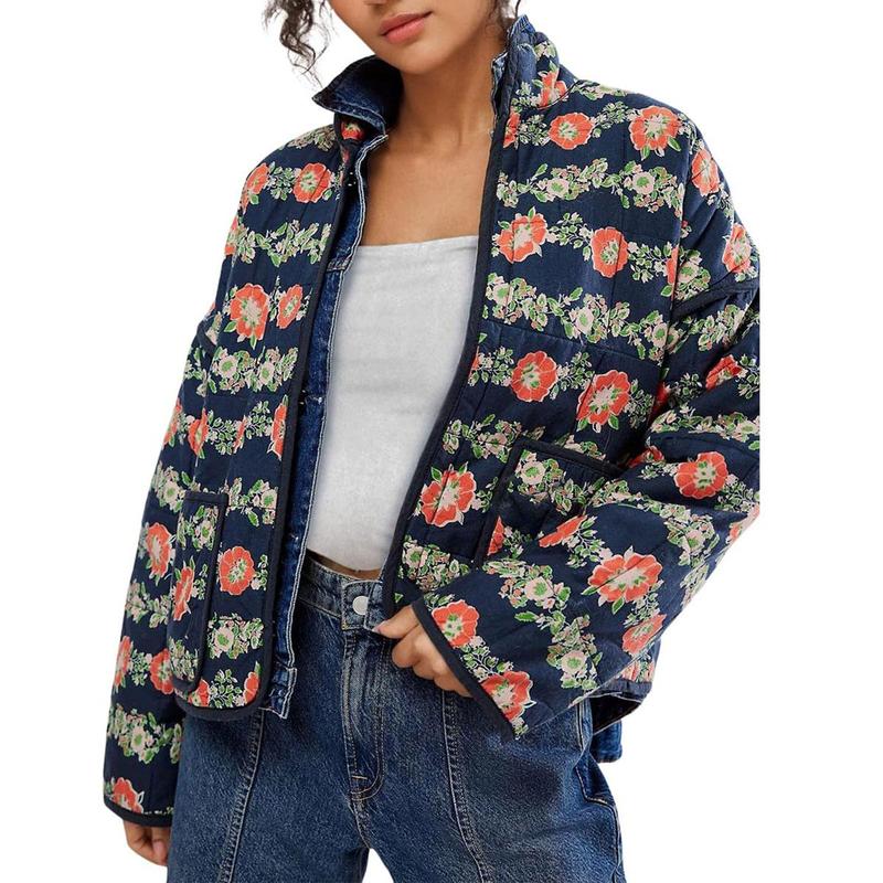 UANEO Women's Cropped Floral Quilted Jacket Cardigan Printed Lightweight Open Front Padded Puffer Coat