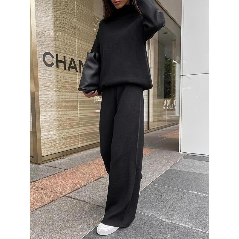 Women's solid color high neck top and wide leg pants set, casual, fashionable, comfortable long sleeved top and pants Outfit