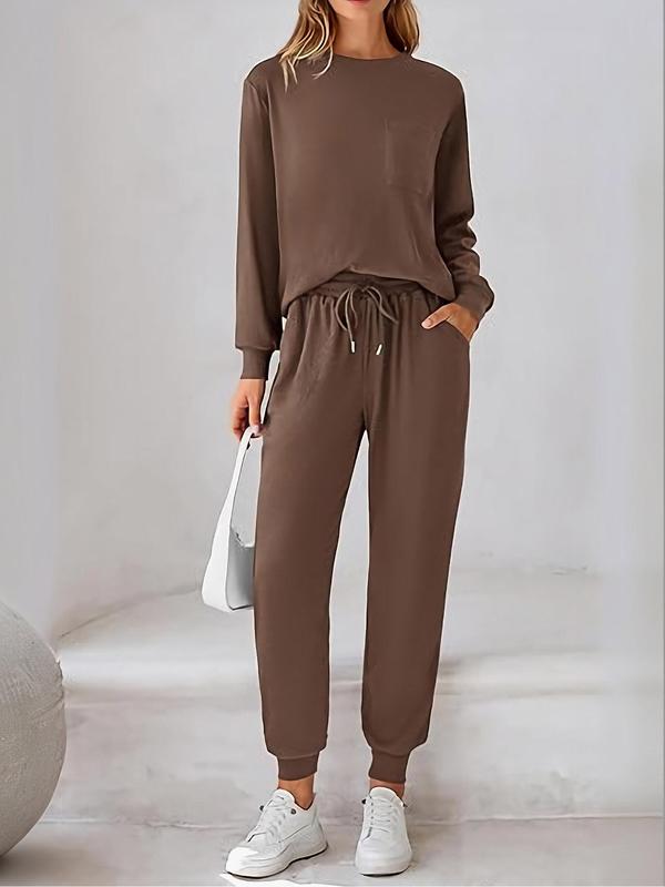 Women's Plain Long Sleeve Tee & Drawstring Waist Pants Set, Casual Round Neck Top & Trousers 2-piece Set for Fall & Winter,  Pants Suit Sets for Women, Women's Clothes for Daily Wear