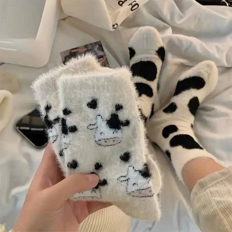 1 2 Pairs Cow Pattern Socks, Warm & Comfy Fluffy Slipper Floor Socks Women's Cow Stockings & Hosiery Womenswear Underwear Lady Comfort